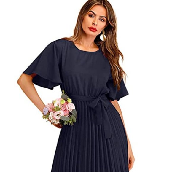 sachin and babi light blue dress Milumia Women's Elegant Belted Pleated Flounce Sleeve Long main image 0